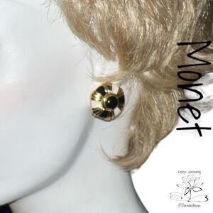 Exquisite Monet Round Earrings - Black and White Enamel with Gold Tone Metal